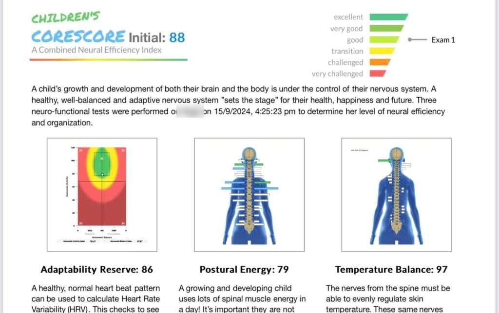 A sample Children's CORESCORE report showing scores for Adaptability Reserve, Postural Energy, and Temperature Balance